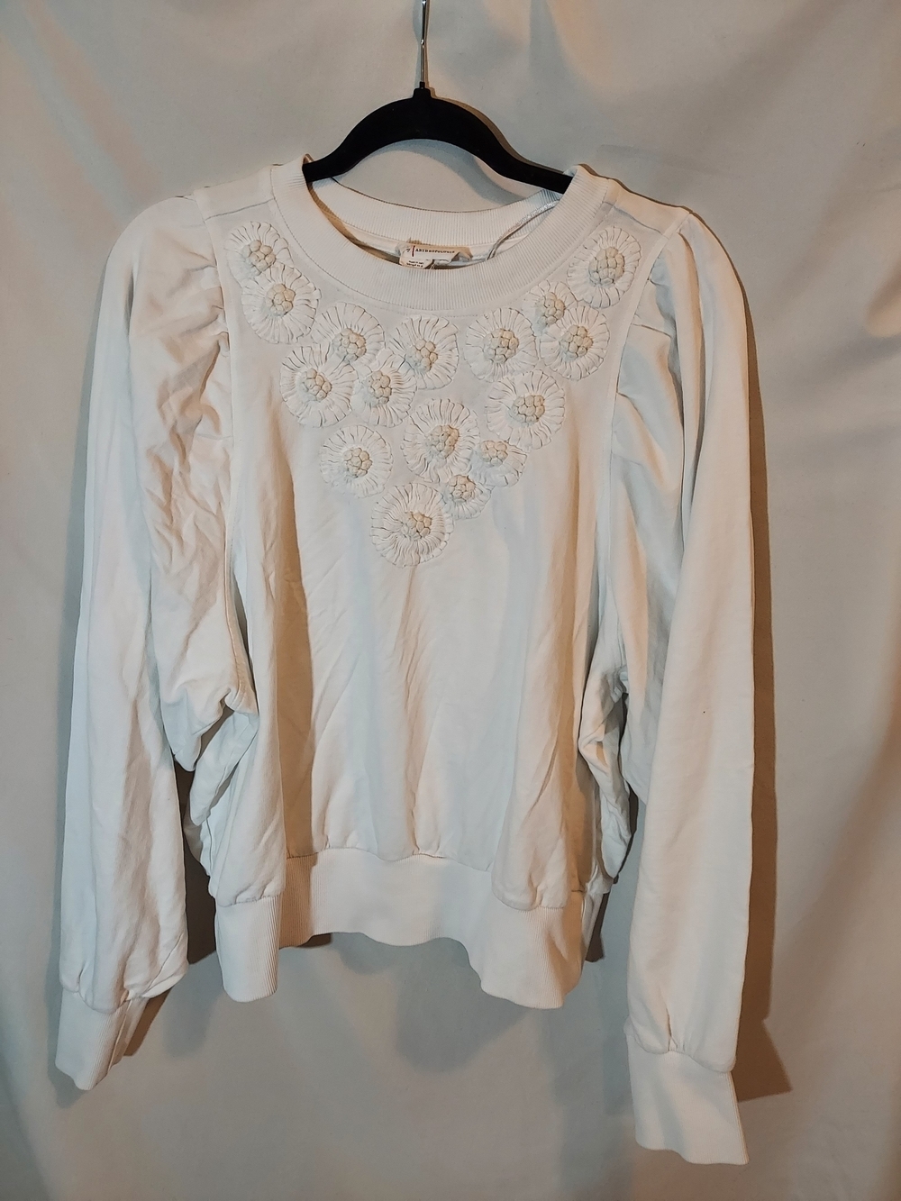 Anthropologie White Embroidered 3D Floral Puff Sleeve Sweatshirt Pullover 1X